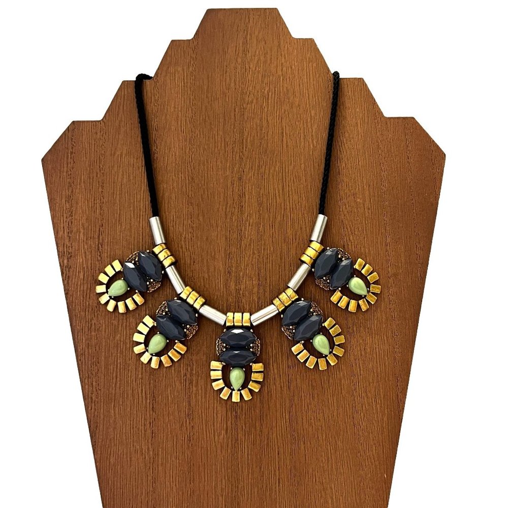 J Crew Mixed Media Statement Necklace Brass Silver Green Blue Black Cord…